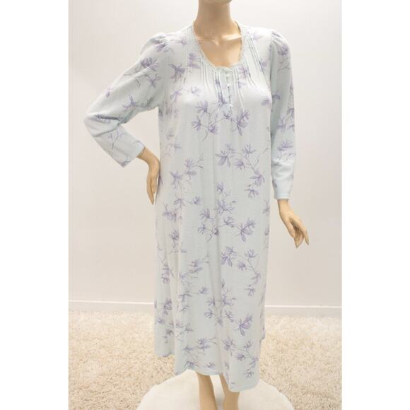 Miss Elaine Womens XL Nightgown Aqua Floral Pointelle Knit Nightgown Long Sleeve - Picture 1 of 8